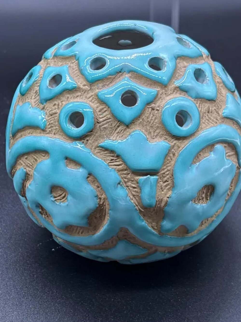 Vintage Mid-Century Italian PV Pottery Sgraffito Turquoise Flower Frog Orb Vase